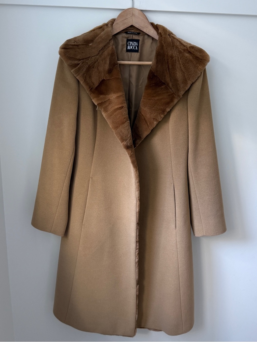 CINZIA ROCCA Real Mink Fur Collar Lana Wool Angora Coat Camel Italy 4 / 40